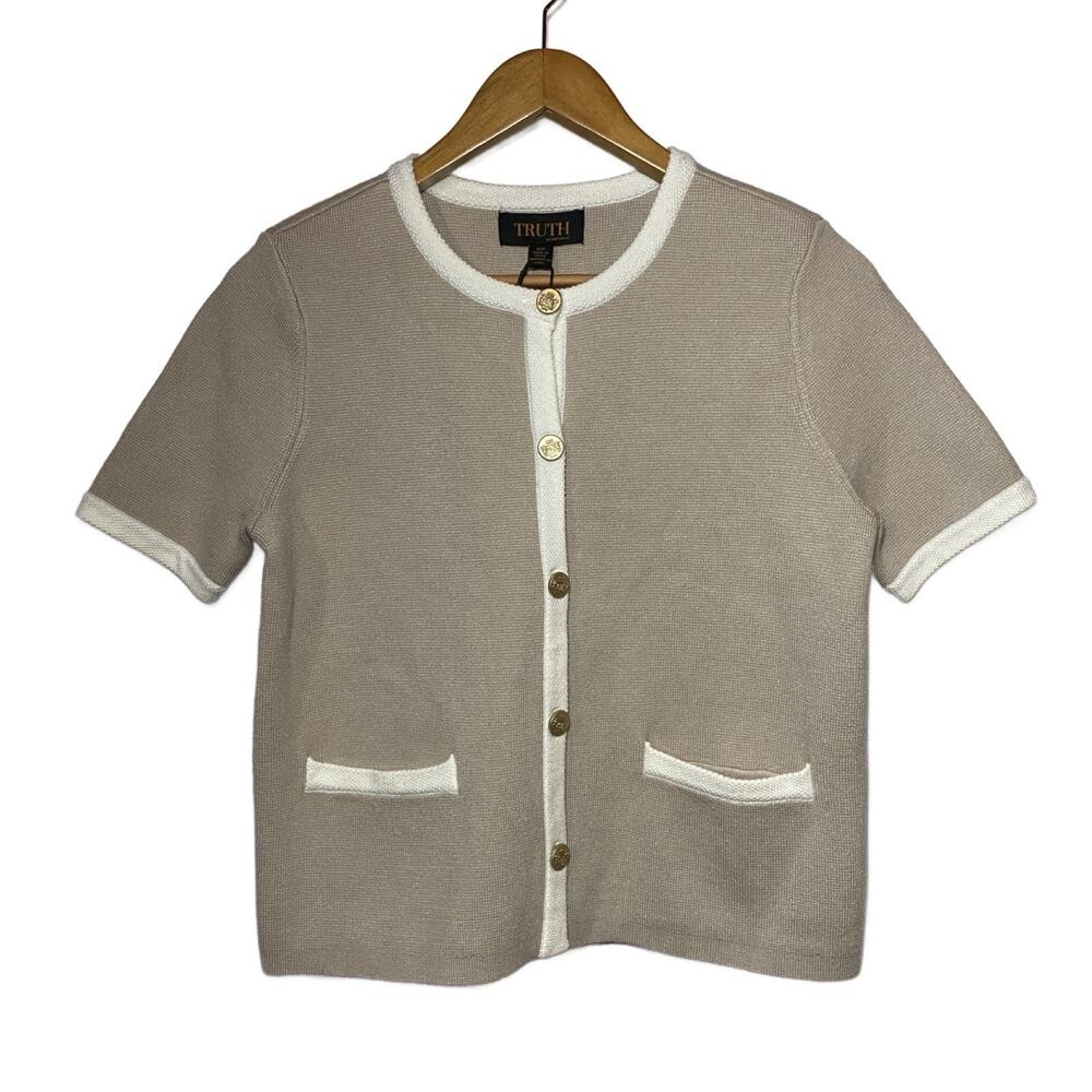 Truth by Republic Khaki/Ivory Short Sleeve Sweater Top Small NWT Casual Neutral